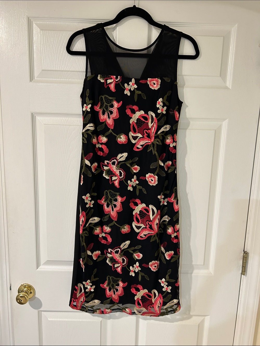 Thalia Sodi Black Midi Dress with Pink and Cream Floral Embroidery